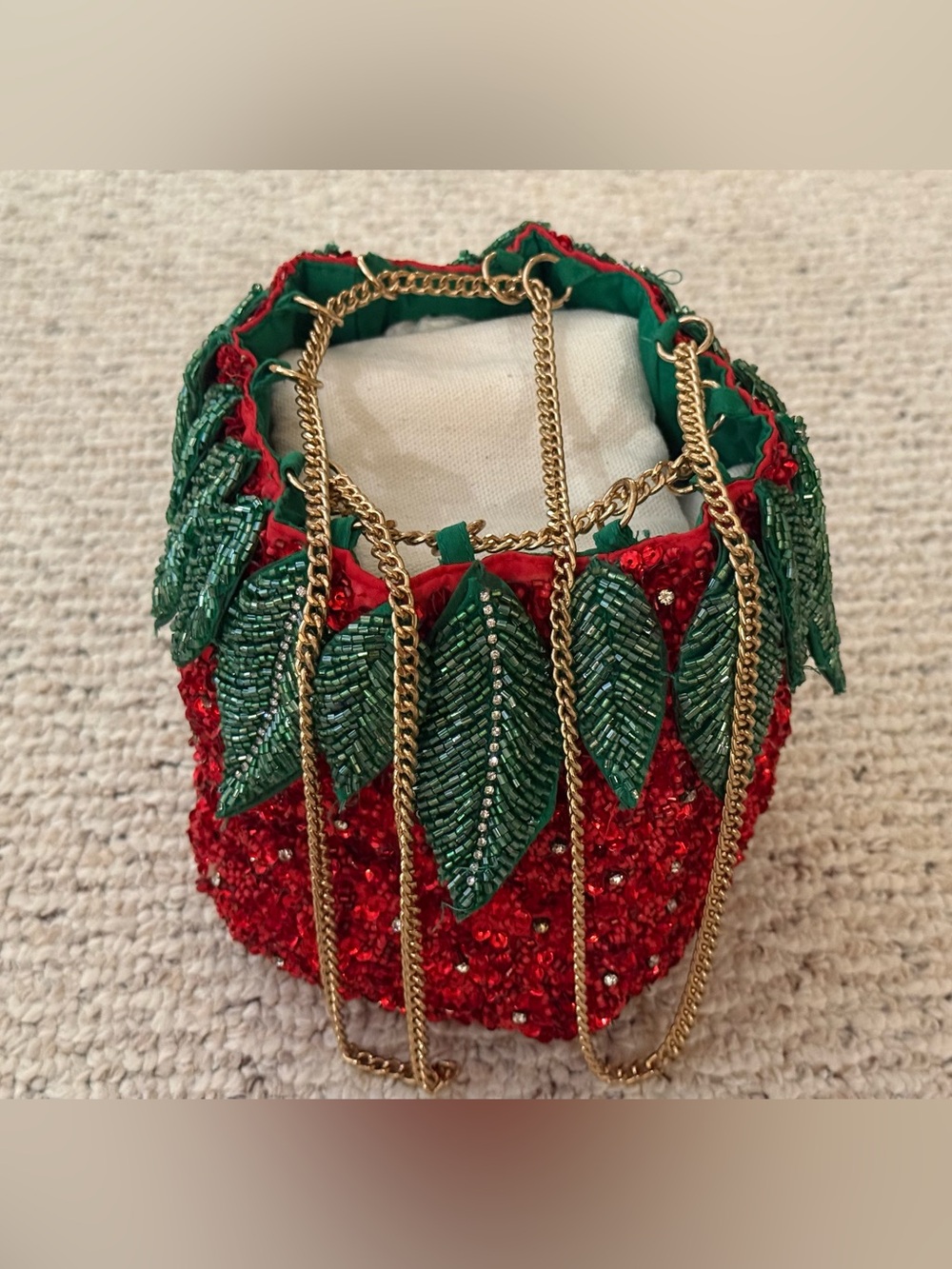 Zara Sequined Embellished  
Beaded Strawberry Evening Bag with Green Leaf